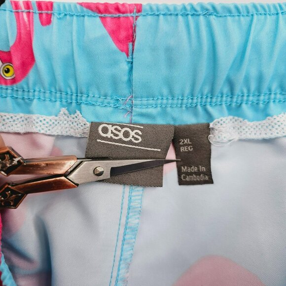 Asos Swim Shorts 2XL Blue Pink Flamingo Print Unlined Pockets Elastic Waist Tie - Picture 2 of 12